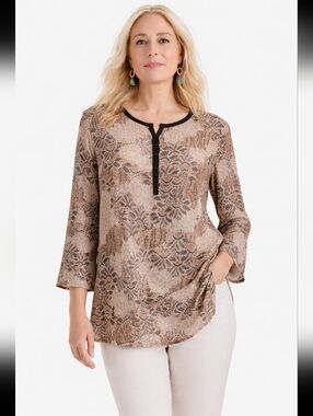 Apostrophe Tunic Blouse Abstract Floral Henley Trim 3/4 Sleeves Sheer Flowy XL